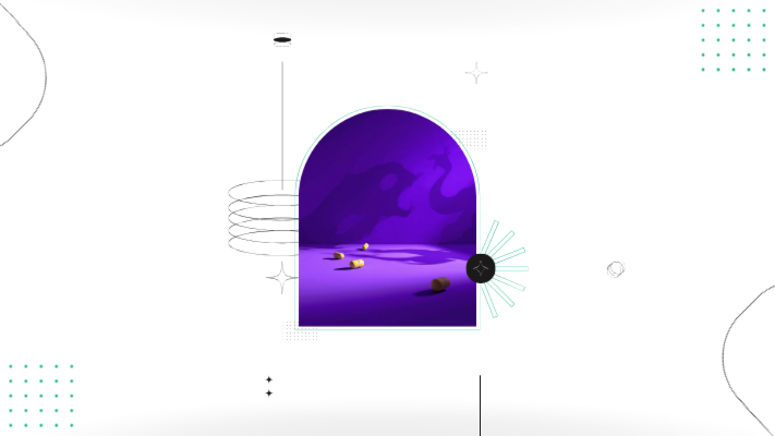 Thrive Magazine editorial hero with abstract yellow forms and giant creature shadows on a violet movie backlot.